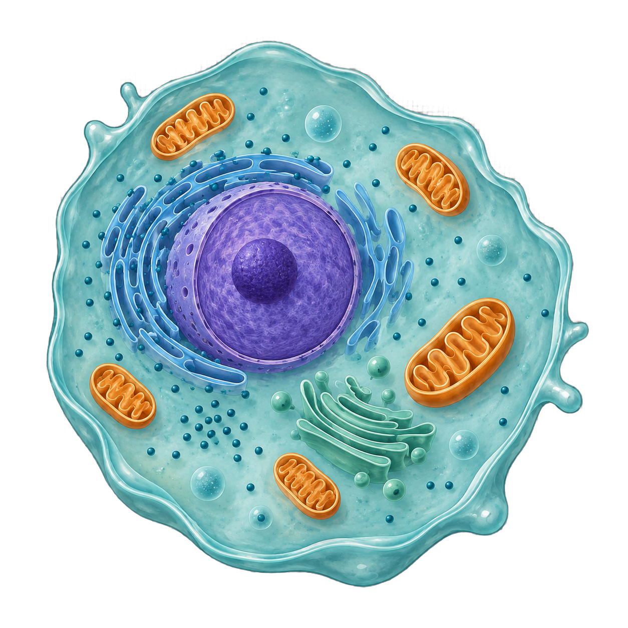 Illustrated animal cell with five numbered locations to explore.